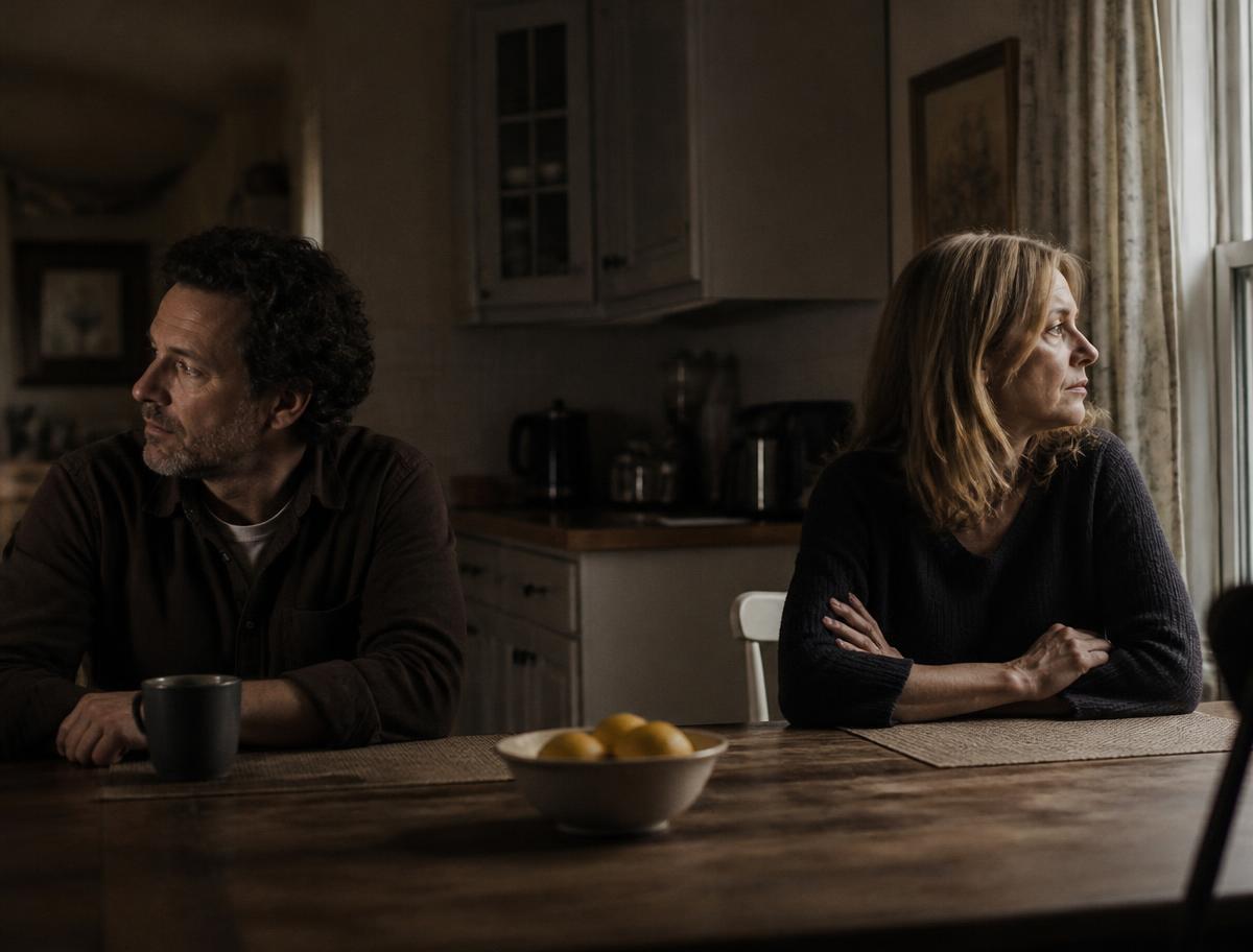 A couple sitting at opposite ends of a kitchen table, looking away from each other